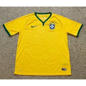 Brazil Men's Nike Dri Fit 2014 Yellow Home Kit Jersey Shirt Size Large Brasil